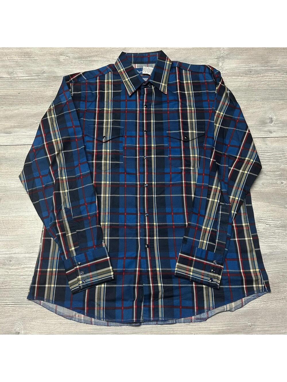 VTG Wrangler Brushpropper Shirt Mens Large Blue Red Plaid Long Sleeve Pearl Snap